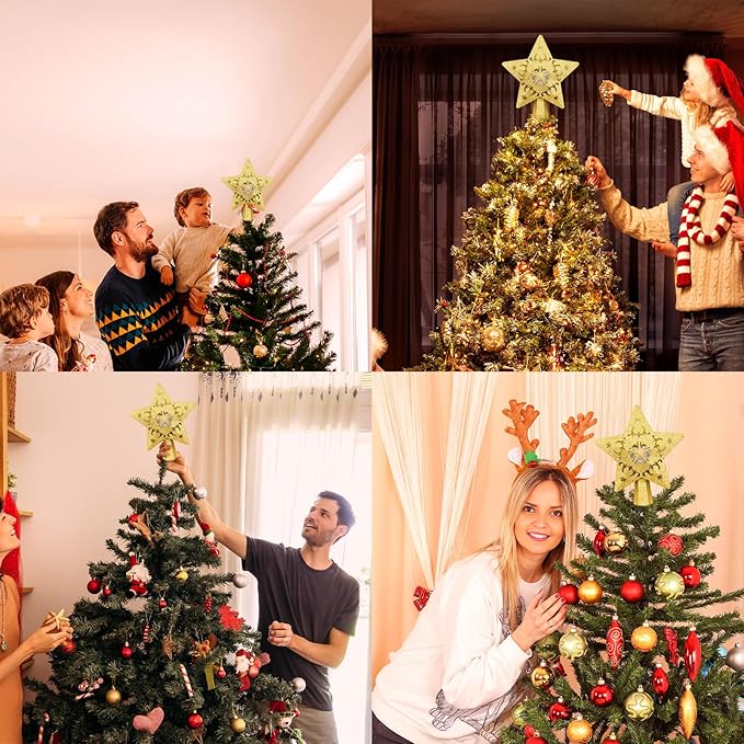 Christmas Star Tree Topper with Rotating LED Projector Lights, 3D Gold Glitter 5-Point Star, Plug-in Tree Top Ornament for Indoor Christmas Tree Decorations Holiday Decor