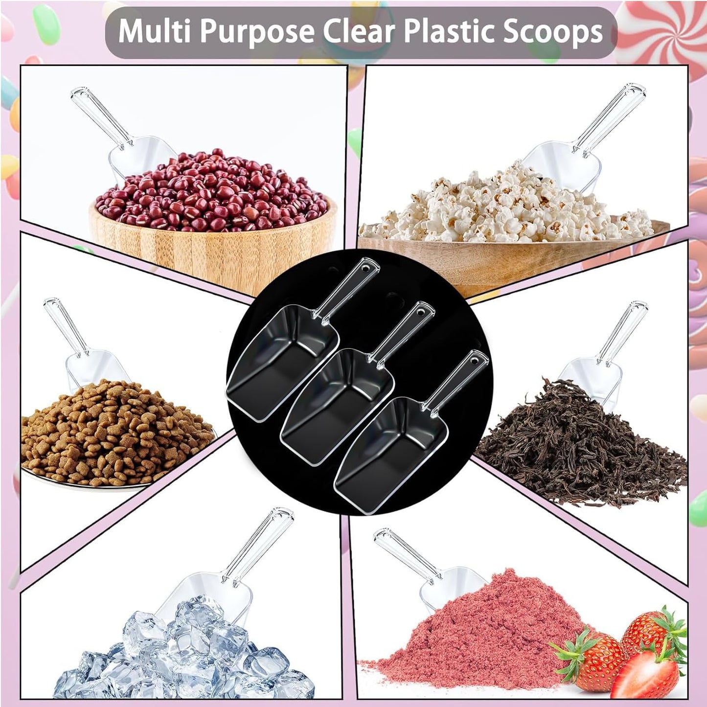 3 Pcs Clear Plastic Ice Scoop Set, Small Acrylic Serving Scoops For Candy Buffet, Canisters, Dry Goods Multi-Purpose Kitchen Food Scoop For Coffee, Tea, Flour, Wedding Desserts (7.8 Inch Long)