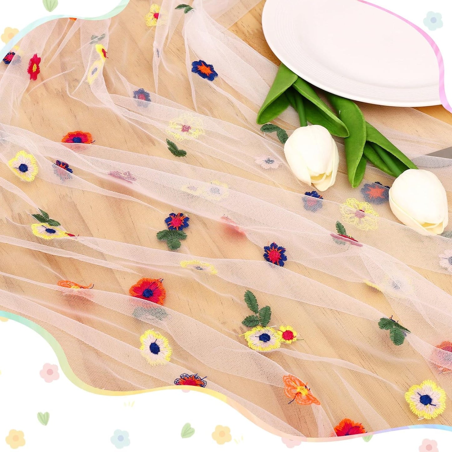 BINBE 12pcs Daisy Fall Table Runner Embroidery Gauze 10FT Florals Seasonal Tulle Holiday Birthday Kitchen Dining Table Decor for Home Party Ivory