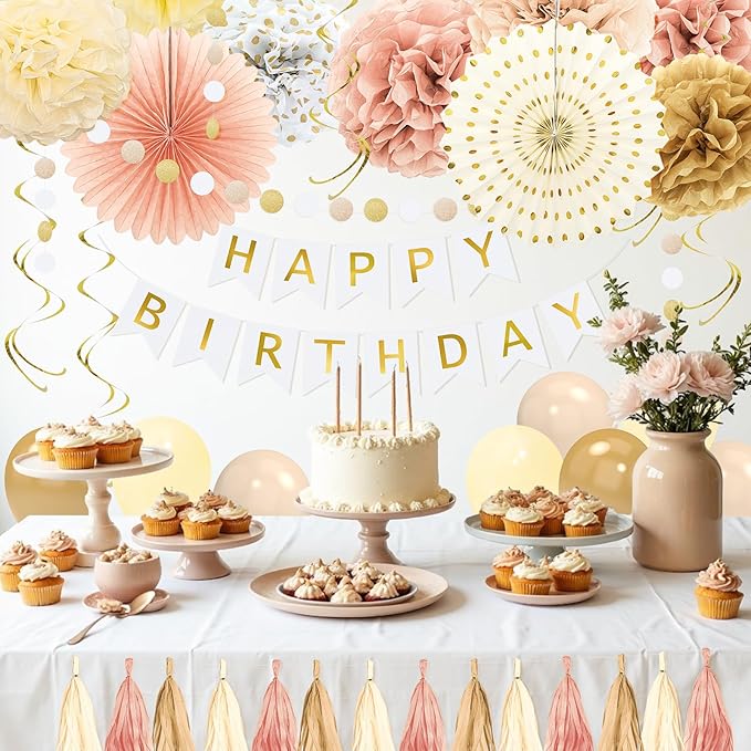 Champagne Gold Fall Boho Birthday Decorations for Women Girls Beige Cream Neutral Party Decorations Happy Birthday Banner, Balloons, Tissue Pom Poms, Paper Fans Streamers Party Decor