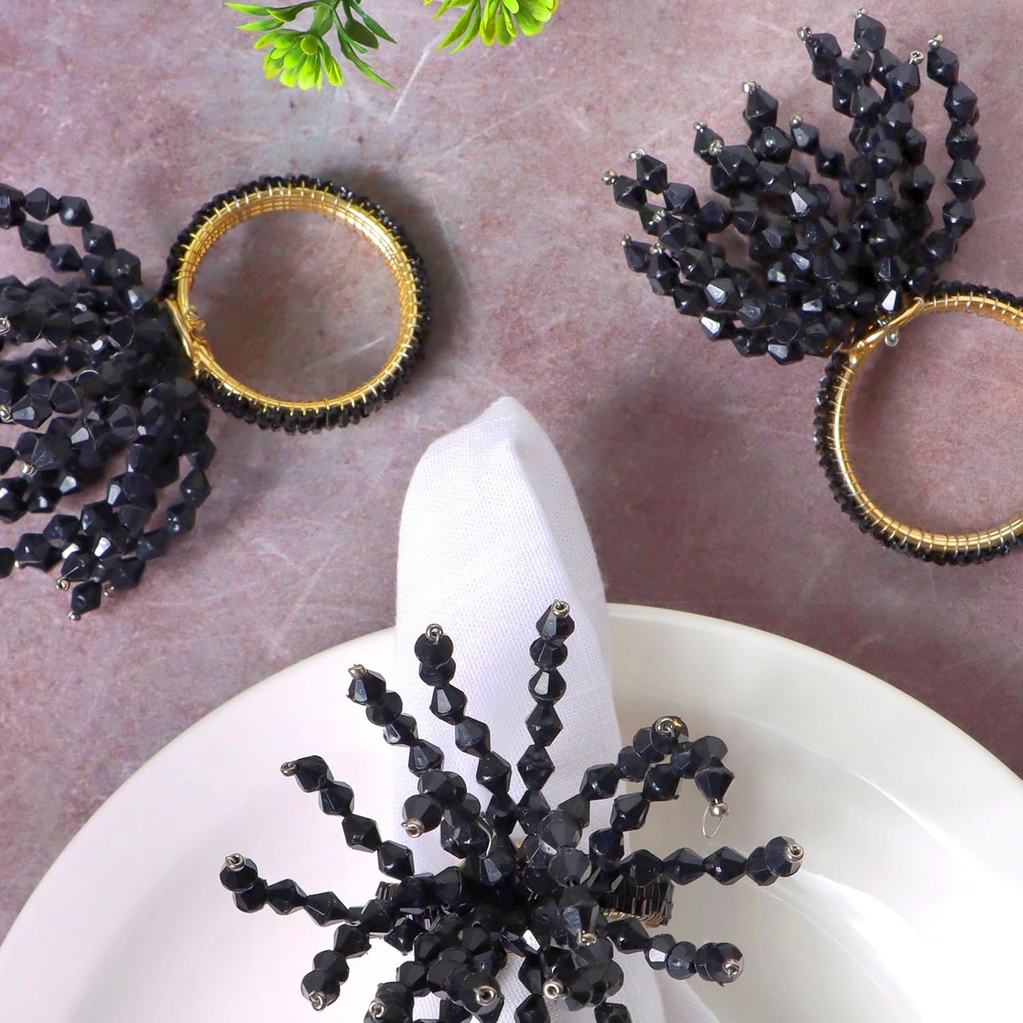 12-Pcs Decorative Napkin Rings - Beaded Serviette Ring Napkin Holders for Summer Beach Wedding Ocean Coastal Nautical Holiday Party Home Table Décor (Black) - CLEENTABLE