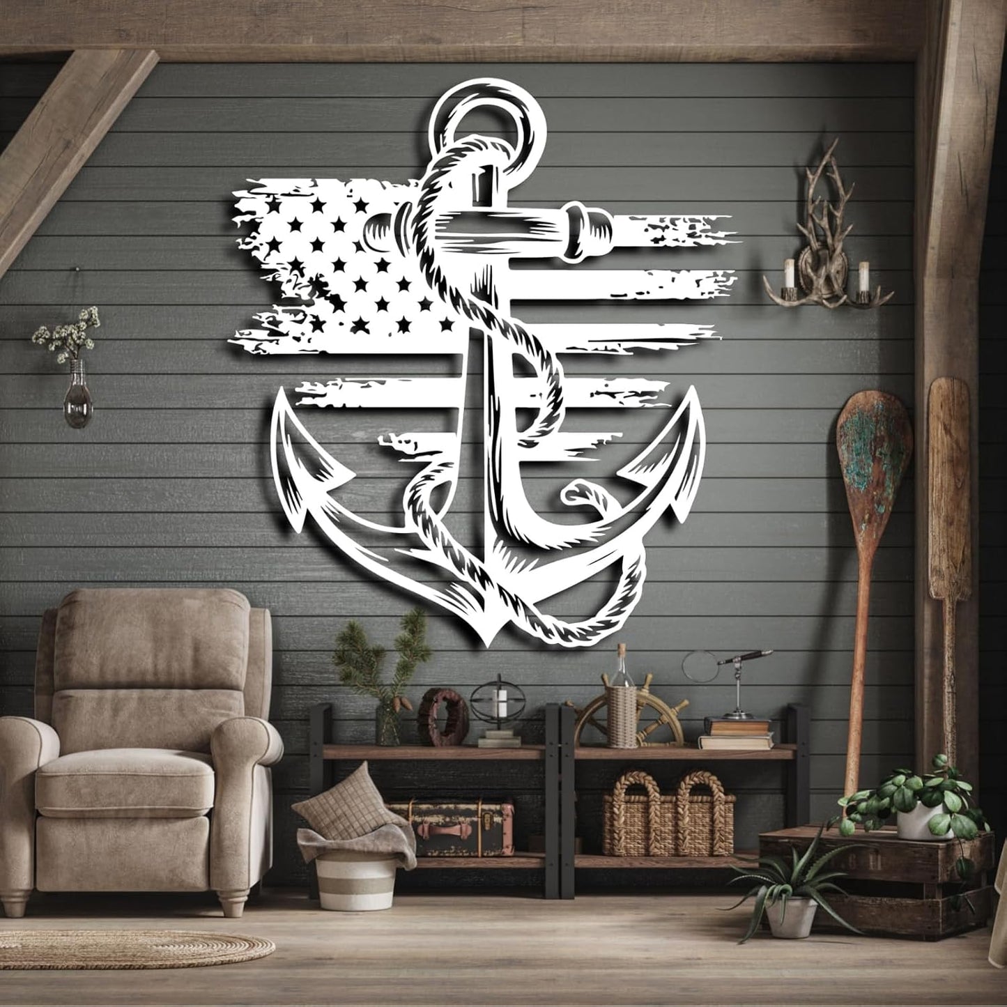 lunwall Metal Anchor Wall Decor, Anchor Metal Sign, Metal Anchor Decor, Anchor Metal Wall Art, Metal Nautical Wall Decor, Metal Wall Decor Coastal, Anchor Wall Decor (silver, 39L x 36W / 100 x 91 cm)