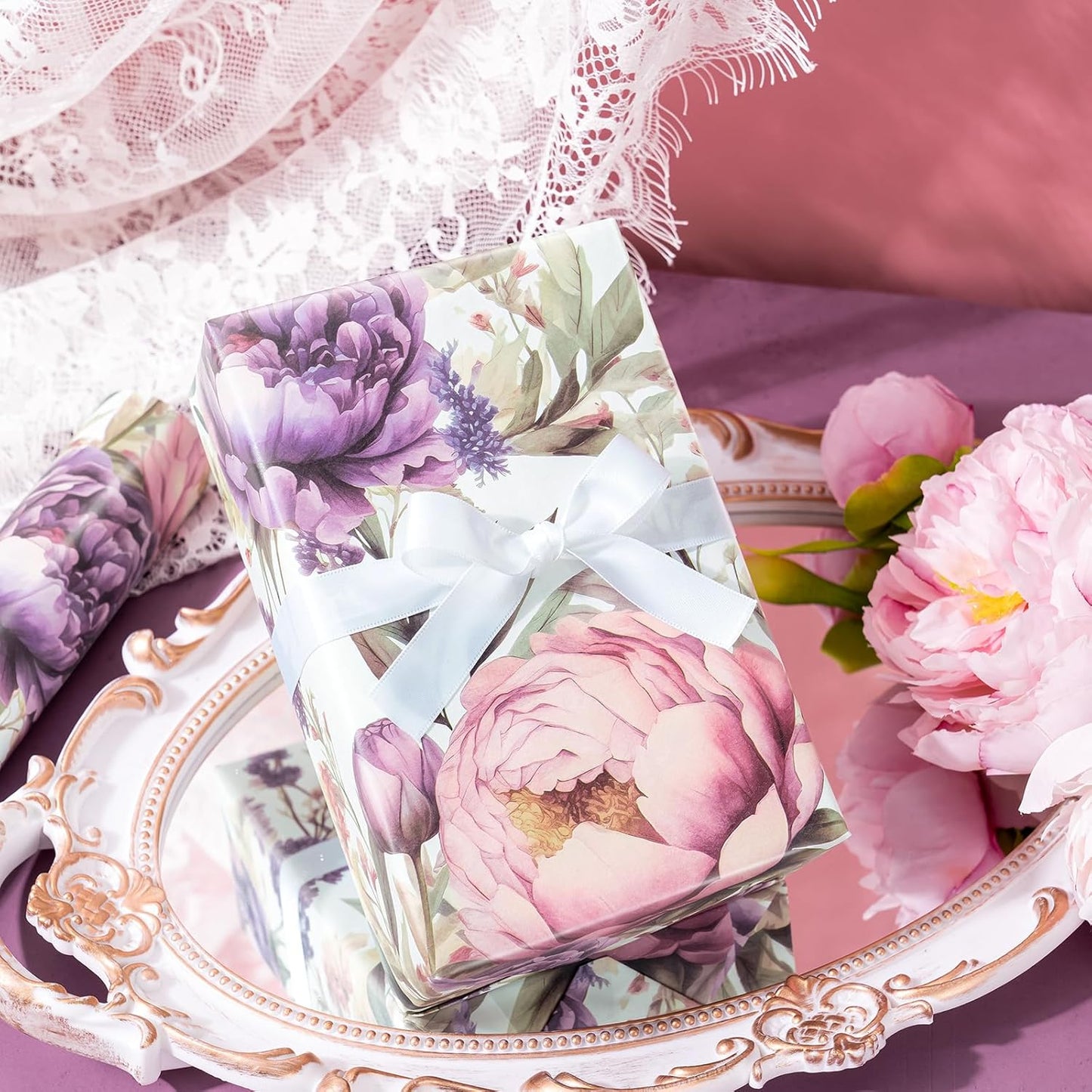 WRAPAHOLIC Floral Wrapping Paper Roll - Mini Roll - 17 Inch x 9.8 Feet - Purple Flower Wrapping Paper, Perfect for Girls Women Birthday, Wedding, Bridal Shower