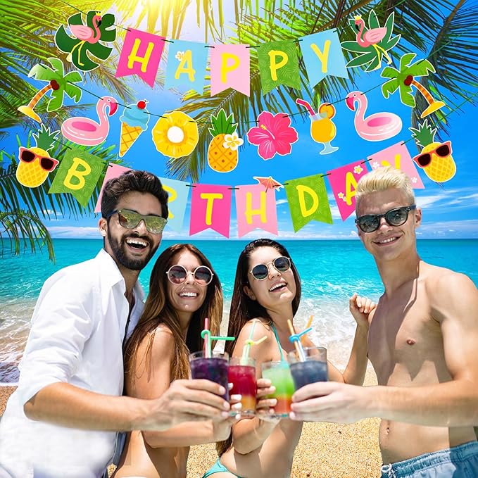 SUNBEAUTY Hawaiian Happy Birthday Banner Tropical Luau Party Birthday Flamingo Pineapple Palm Leaf Banner for Summer Birthday Party Decorations Supplies | Pre-Strung