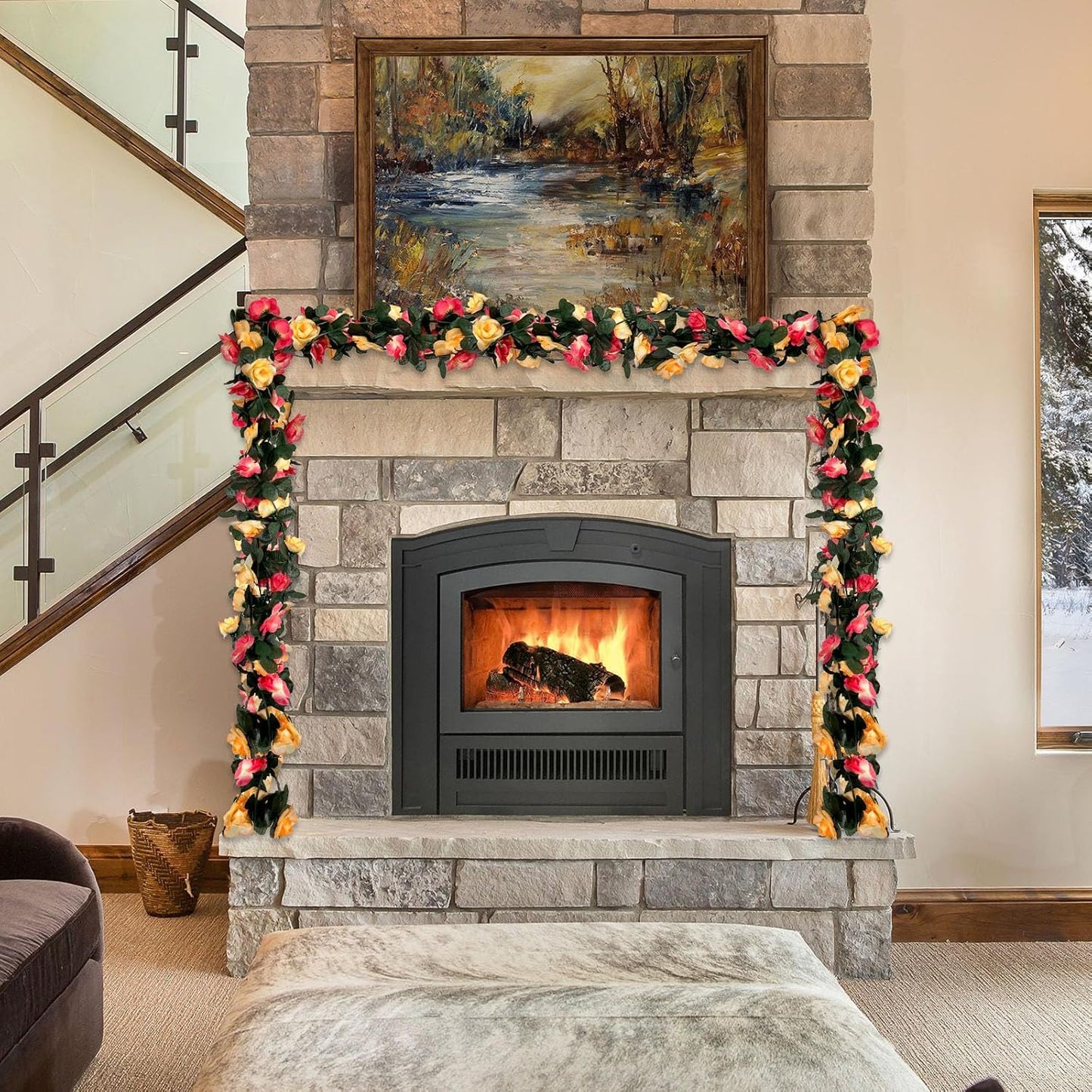 16Pcs 126Ft Pink&Yellow Rose Garland, Fake Rose Hanging Flowers, Artificial Flower Vine, Hanging Floral Vine Garland for Wedding, Birthday Party, Wall Arch, Halloween, Christmas Garden Backdrop Decor