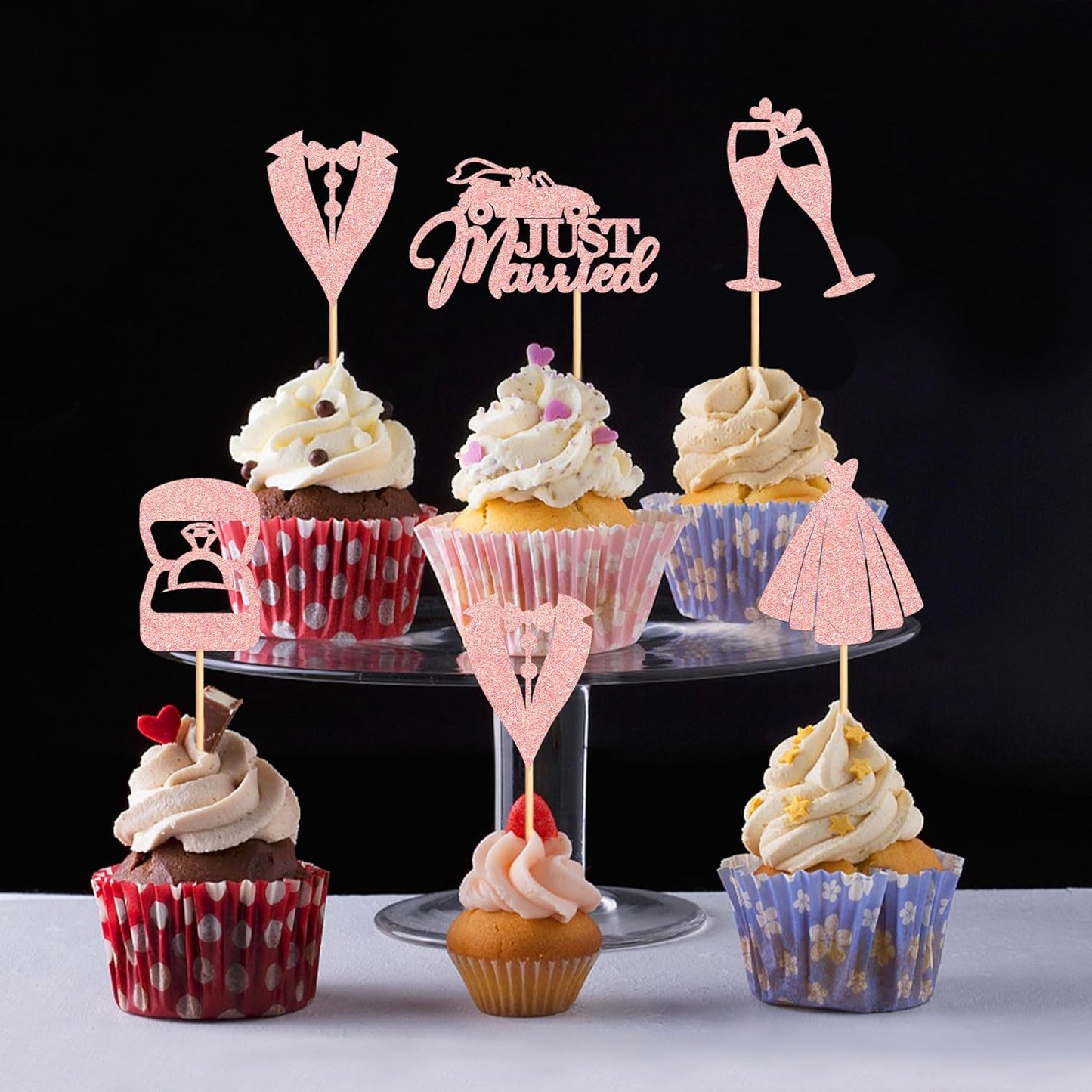 25 Pcs Bride and Groom Cupcake Toppers Wedding Dress Diamond Ring Cupcake Picks Bridal Shower Wedding Engagement Anniversary Party Cake Decorations Supplies Rose Gold
