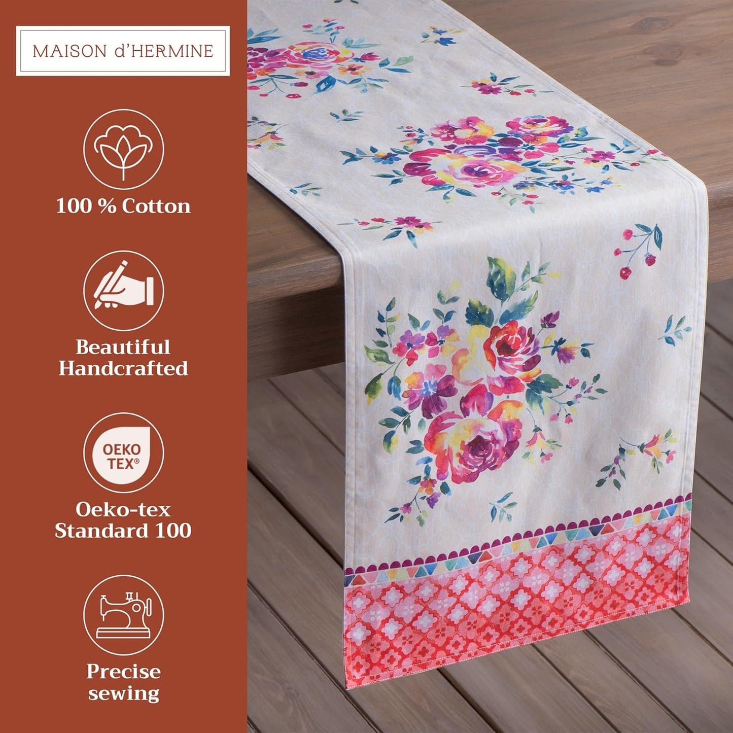 Maison d' Hermine Table Runner 100% Cotton Single Layer Table Runners 108 inches Long Decorative for Home Kitchen Dining Party Wedding Bridal Shower Spring Summer (Rose Garden, 14.50" x 108")