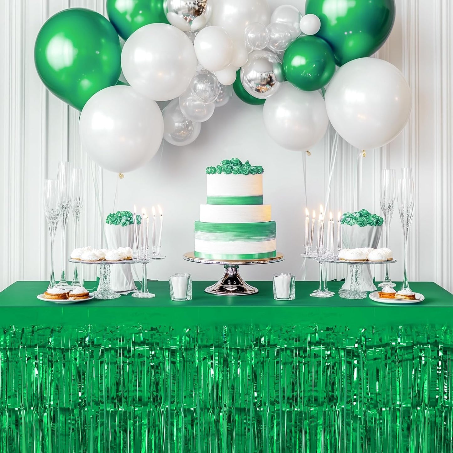 2 Pack Light Pink Green Table Skirts, 29x108" Metallic Foil Tinsel Fringe Table Skirt for Rectangle Tables Streamer Curtains Backdrop, Party Decorations for Birthdays, Weddings, Holidays