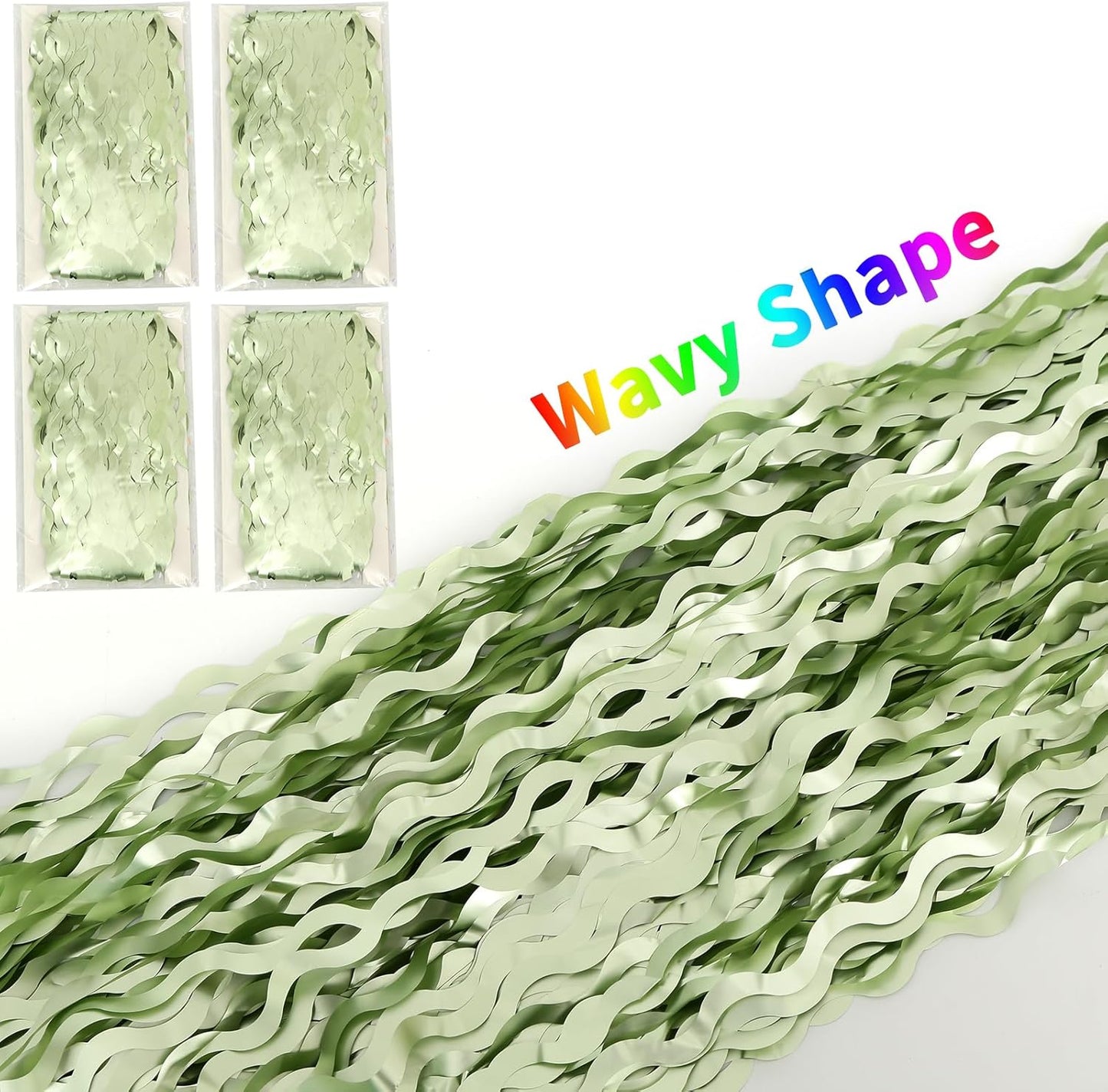 4 Pack Sage Green Wavy Metallic Tinsel Foil Fringe Curtains 3.3x6.6 Feet - Light Green Foil Streamers Backdrop Photo Booth Props for Birthday Wedding Christmas Party Decorations