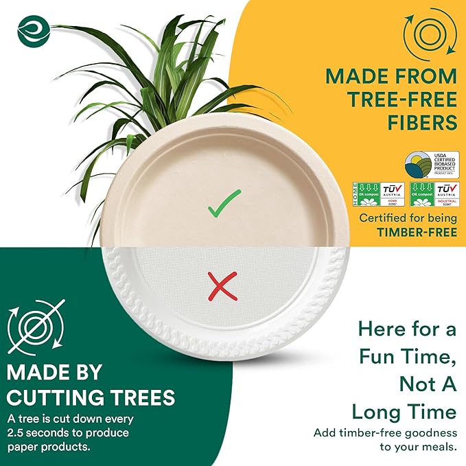ECO SOUL Compostable Paper Plates 6 Inch (100 Count) Plates for Christmas Dessert, Heavy Duty, Eco-Friendly Sugarcane Bagasse Small Plates For Appetizer- Natural Brown