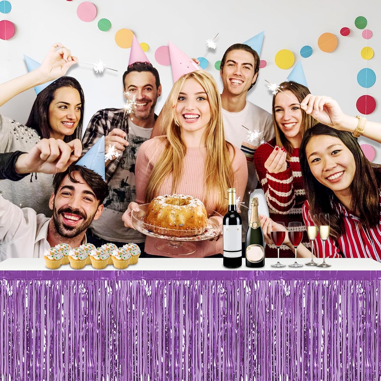 3 Pack 29x108 Inch Light Purple Foil Fringe Table Skirts Metallic Banner for Tinsel Streamer Garland Backdrop for Parade Floats Wedding Thanksgiving Birthday Christmas Halloween Party Decoration