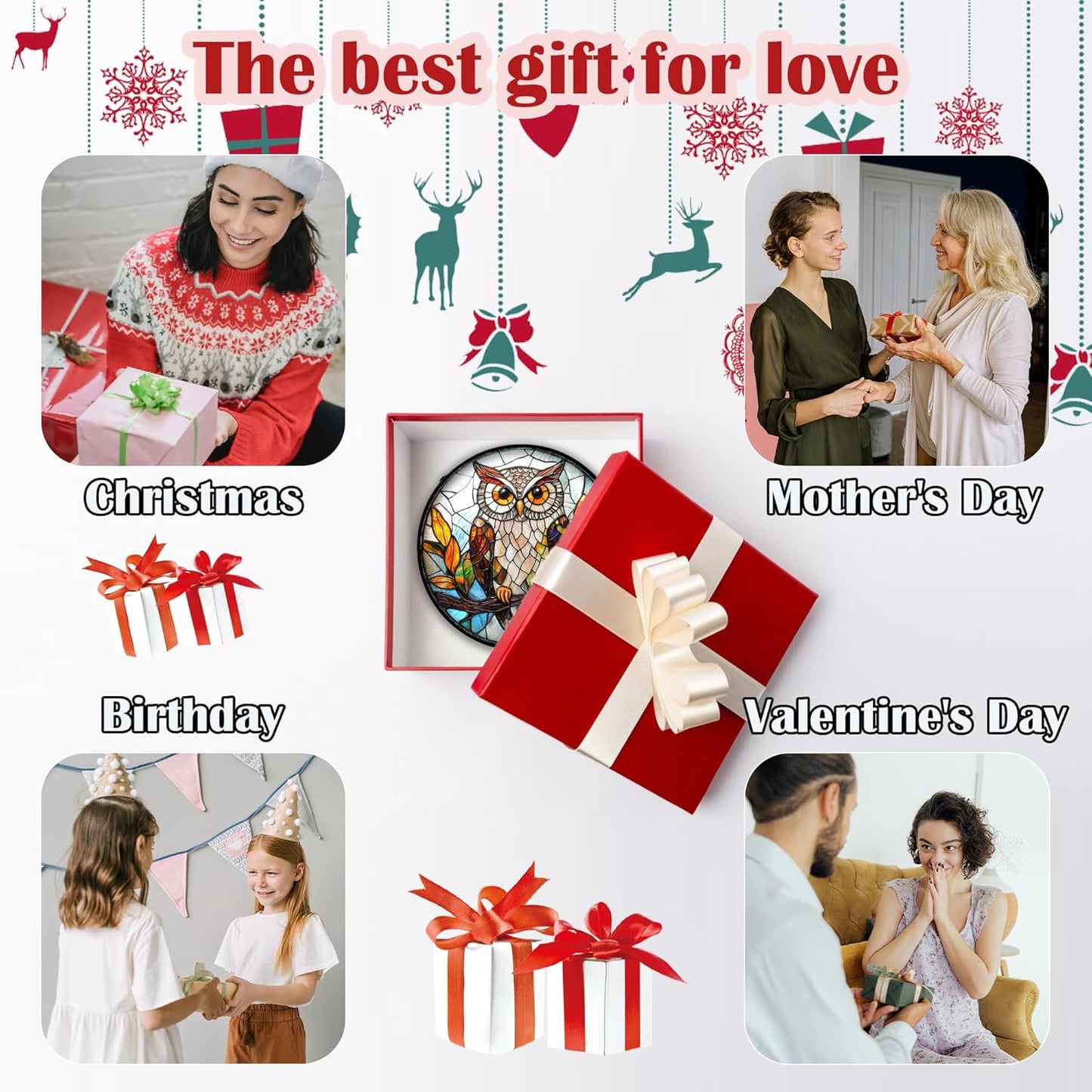 Stained Glass Window Hanging, Owl Colorful Leaves Birds Sun Catchers Diamond Glass Panel Hangings Suncatcher Decor for Birthday for Women, Men, Wife, Aunt, and Mom 14.9x14.9 in