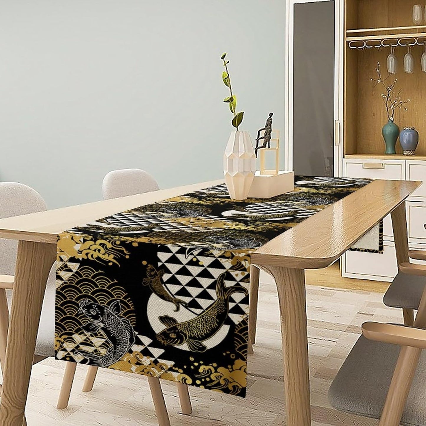 Japanese Table Runner Oriental Tradition Kio Fish Gold Art Printed Burlap Runner Home Kitchen Dining Table Living Room Decor Fabric 1 Panel W13xL120in