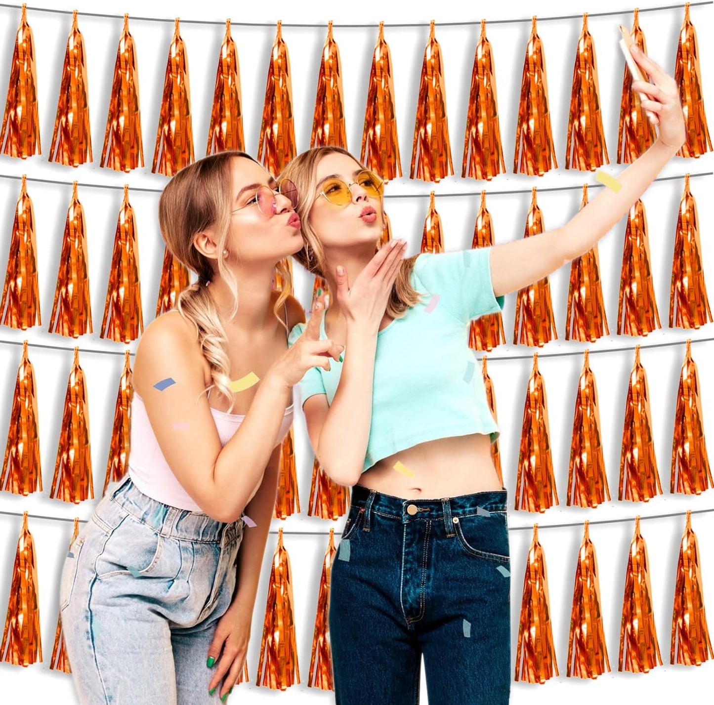 4P Metallic Fringe Tassel Banner Garland Foil Tinsel Streamer Wall Hanging Curtain Backdrop Banner for Parade Floats, Halloween Decorations, Christmas Day, Fall, Thanksgiving Party Decoration(Orange)