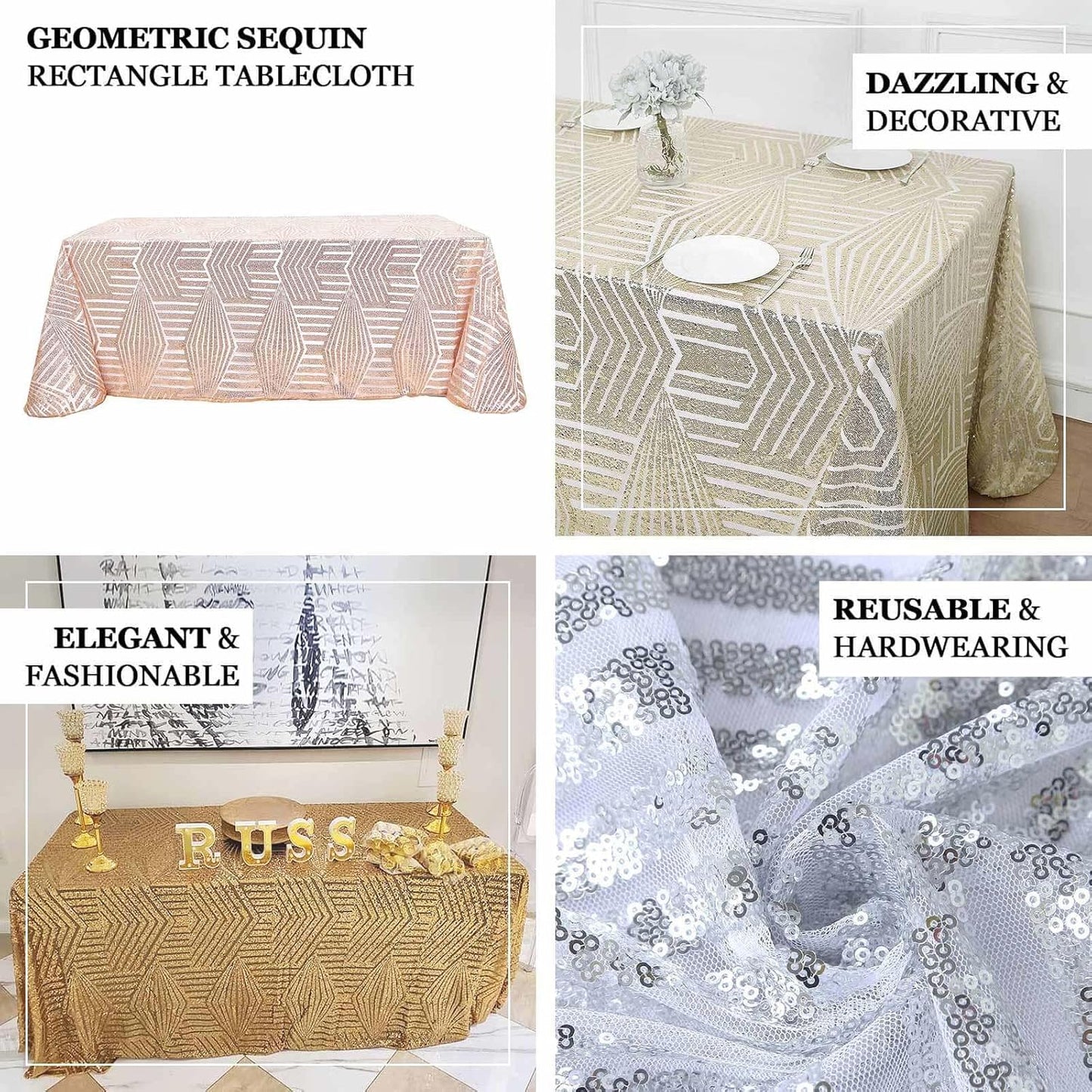 Efavormart 90"X132" Champagne Sparkly Sequin Geometric Tulle Rectangular Tablecloth