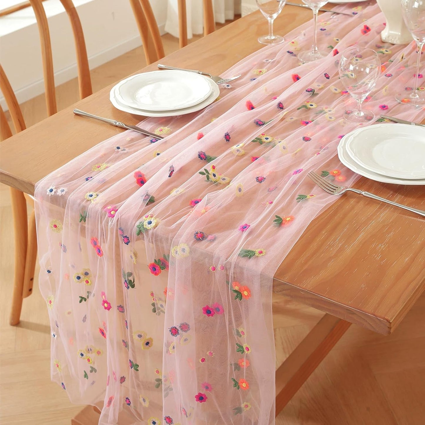 Pink Embroidery Daisy Fall Table Runner 120Inch 10FT Florals Soft Sheer Tulle Fabric Table Runner for Home Decor, Brithday, Wedding, Baby Shower ,Holiday ,Parties, DIY Craft,3PC