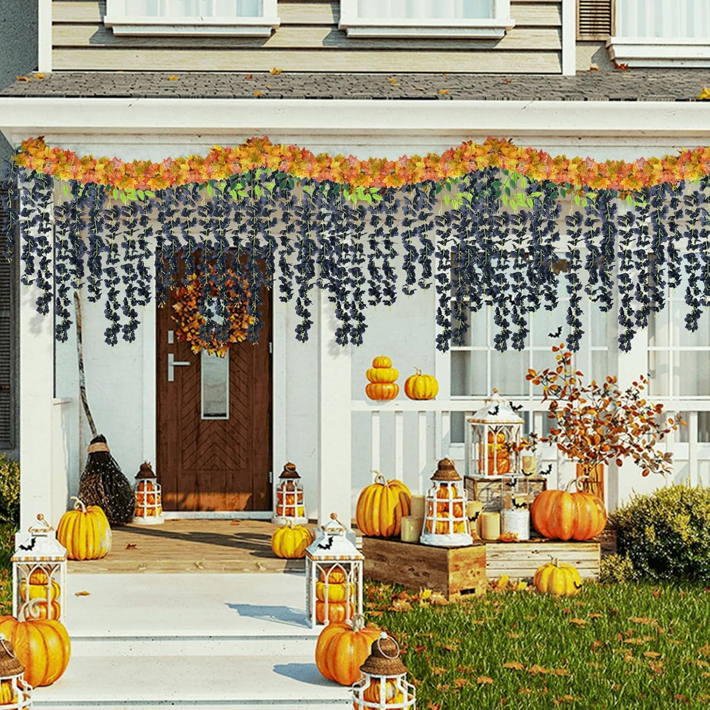 12 Pack Artificial Wisteria Hanging Flowers Fake Wisteria Flower Garland Silk Vines Rattan Decor for Home Wedding Arch Wall Garden Greenery Bedroom Outdoor Office Party Decoration (Black)