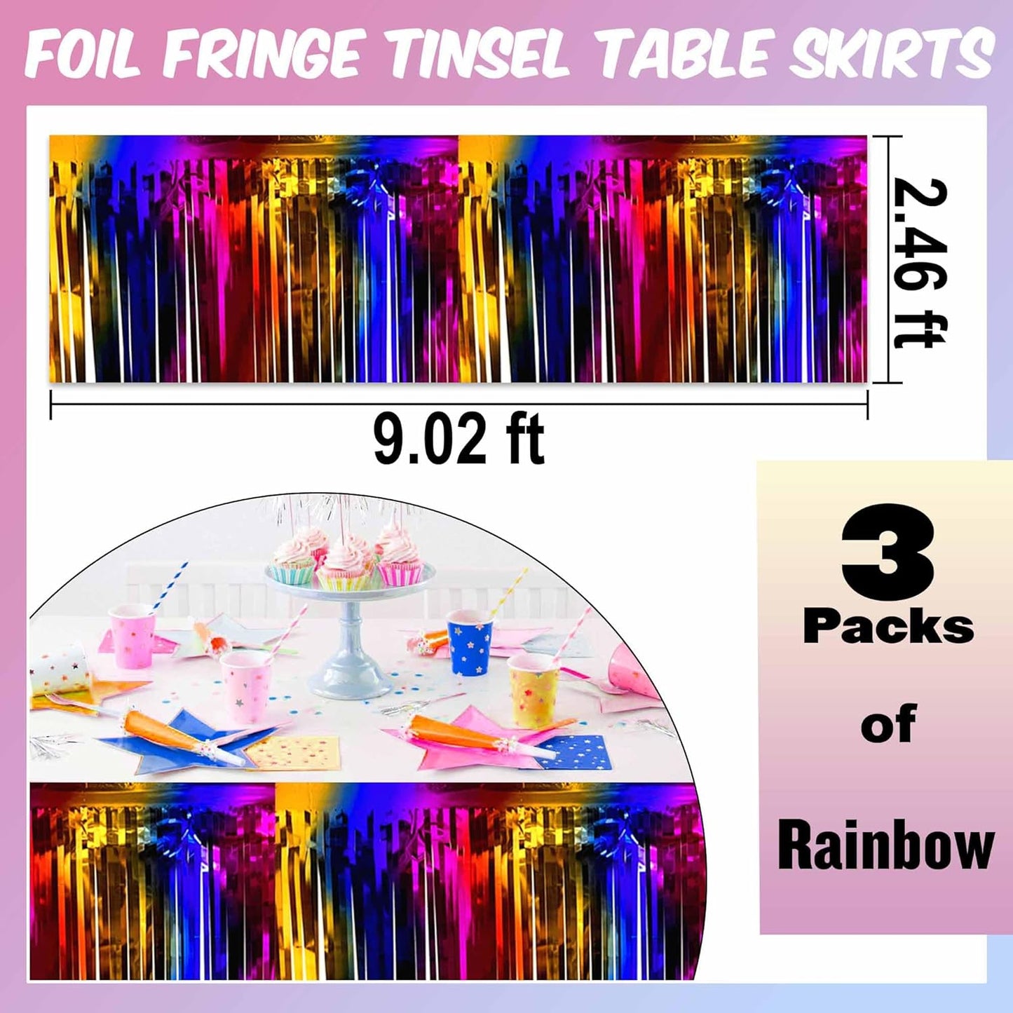 3 Pack 29 x108 Inch Rainbow Foil Fringe Table Skirts Metallic Banner for Tinsel Streamer Garland Backdrop for Parade Floats Mother's Day, Graduate, Birthday, Wedding Party Decoration