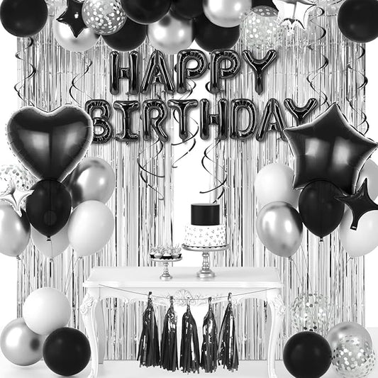 Black White Silver Happy Birthday Party Decorations with 3D Heart Star Happy Birthday Balloons, Hanging Swirls, Birthday Decoration for Boys Men Girls Women 18th 20th 21st 22th 30th 40th 50th