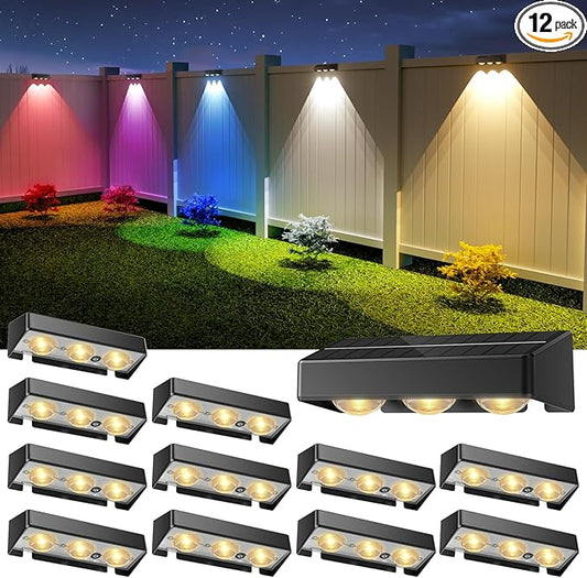 NIORSUN Solar Fence Lights,12 Pack Solars Deck Light,RGB Color,Outdoor Bulb Waterproof Led IP65,Outdoor Fence Light,Power Patio Lamp with Lenses for Outside/Backyard/Railing/Yard(Black)
