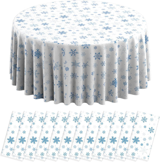 12 Pieces Christmas Snowflake Plastic Party Tablecloth Decorations,Disposable Blue Snowflake White Xmas Round Table Cover Backdrop for Winter Christmas Holiday Party Supplies,84 inch (Blue White)