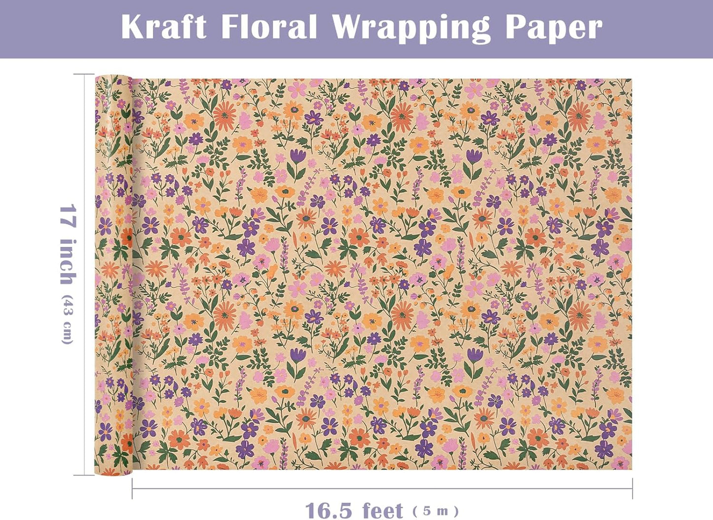 WRAPAHOLIC Kraft Floral Wrapping Paper Roll - Mini Roll - 17 Inch x 16.5 Feet - Vintage Flower Wrapping Paper, Perfect for Wedding, Birthday, Bridal Shower, Tea Party