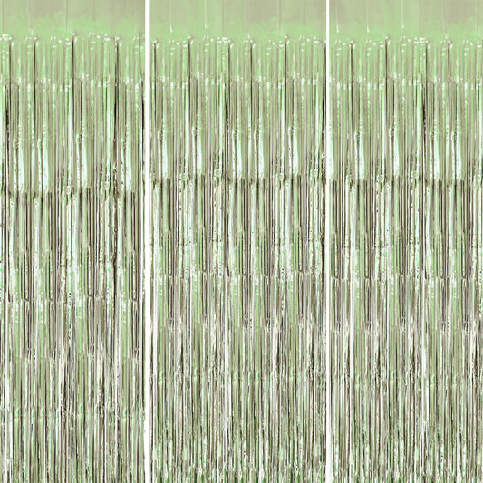 3 Pack Foil Fringe Backdrop - Light Green Shiny Tinsel Curtains for Party Decoration/Photo Booth Props - 3.3x8.2 FT Metallic Foil Backdrop for Birthday, Wedding, Graduation, Christmas