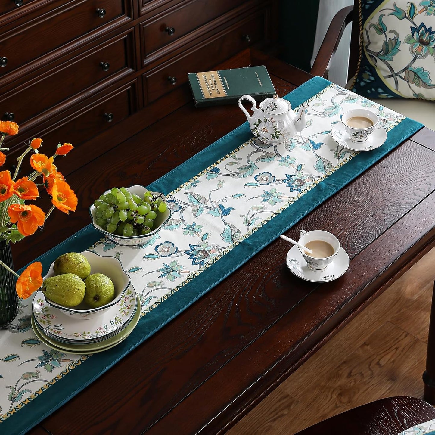 patdrea Designer Elegant French Floral Velvet Table Runner, Teal with Blossoms Pattern Table Mat, Decoration for Kitchen Dining Coffee Table Shelf Cabinet Banquet Thanksgiving,12"*87"