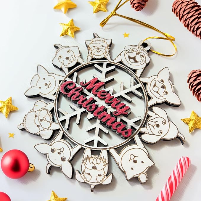 Dogs Snowflake Merry Christmas Wooden Ornament – Dog Lover Christmas Tree Decoration - Dog-Themed Holiday Ornament for Tree Hanging Ornament