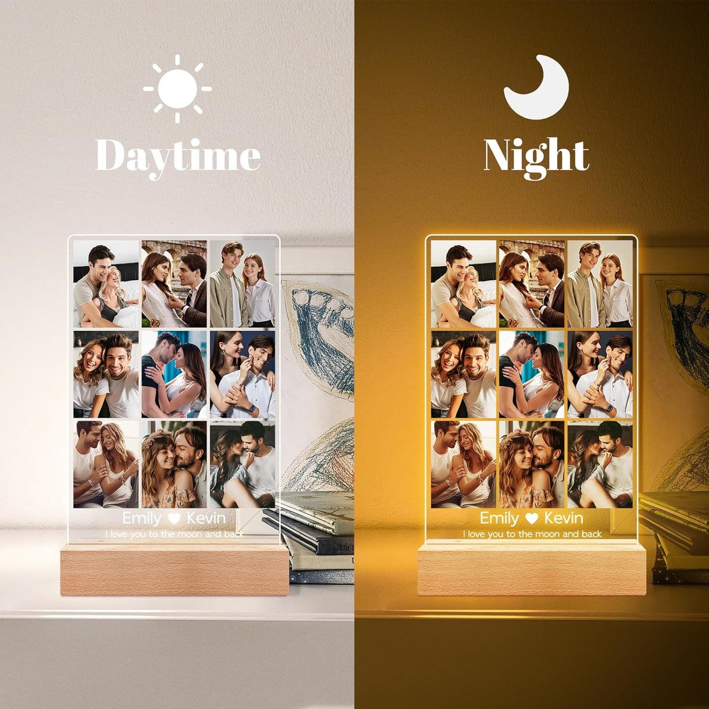 Personalized Picture Frame with Photos, Custom Picture Frames, Personalized Photo Frame with Night Light, Personalized Anniversary Birthday Gifts for Women Men Girlfriend Boyfriend Couples Her Him