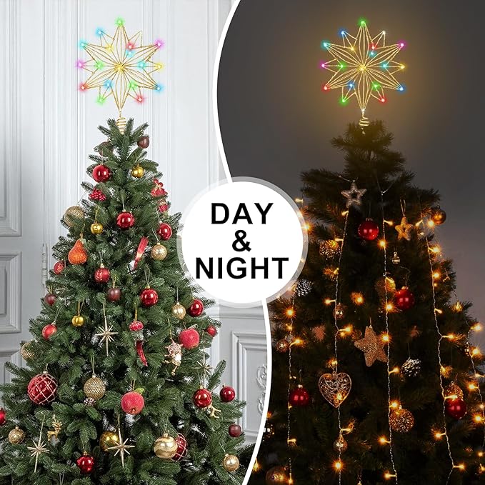 Christmas Tree Star Topper, RGB 8In Glittered Star Tree Topper Light with 20 LED Lights, Hollow Designed with USB Plug for Indoor New Year Holiday Tree Decoration