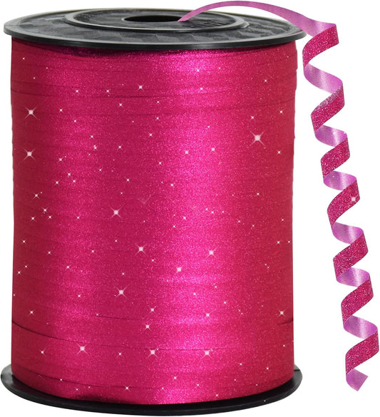 BEISHIDA Glitter Ribbon - 500 Yards Hot Pink, Curling Crimped, Shiny for Gift Wrapping, Birthday Party, Festival, Art Craft, Florist Flowers Decoration