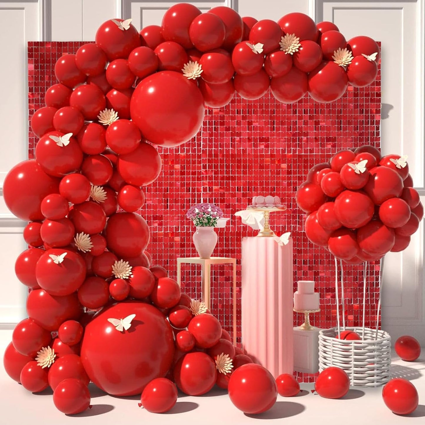 24PCS Red Shimmer Wall Backdrop, Square Sequin Backdrops Panel, Glitter Wall Background for Birthdays, Weddings, Christmas, Engagements, Disco Bachelorette Party Decoration (4FTx6FT)