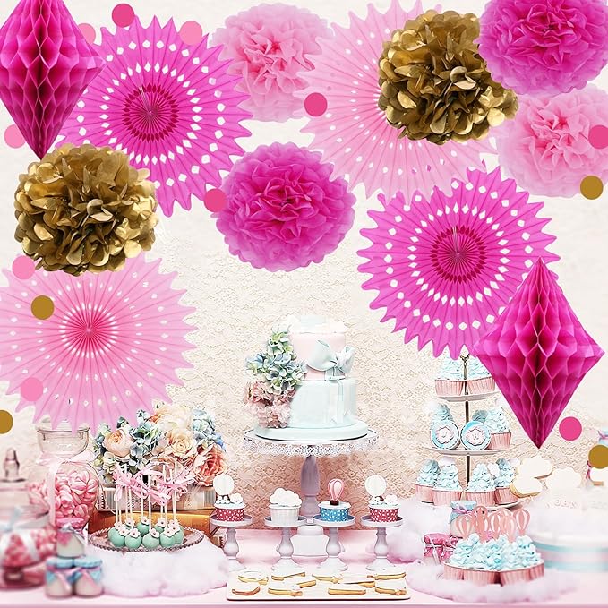 ELOPELY Hot Pink Girls Birthday Party Decoration, Tissue Pom Pom Paper Fan Rose Red Golden Happy Birthday Banner Decorations for Girls (Pink, Rose Red)