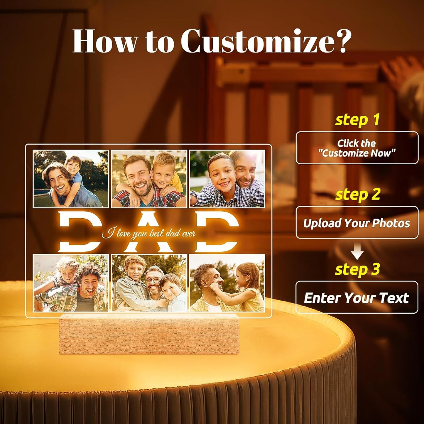 Personalized Birthday Gifts for Dad from Daughter Son, Custom Picture Frames with Photos, Customized Photo Frame with Night Light, Personalized Photo Gifts for Dad Baby Kid Family