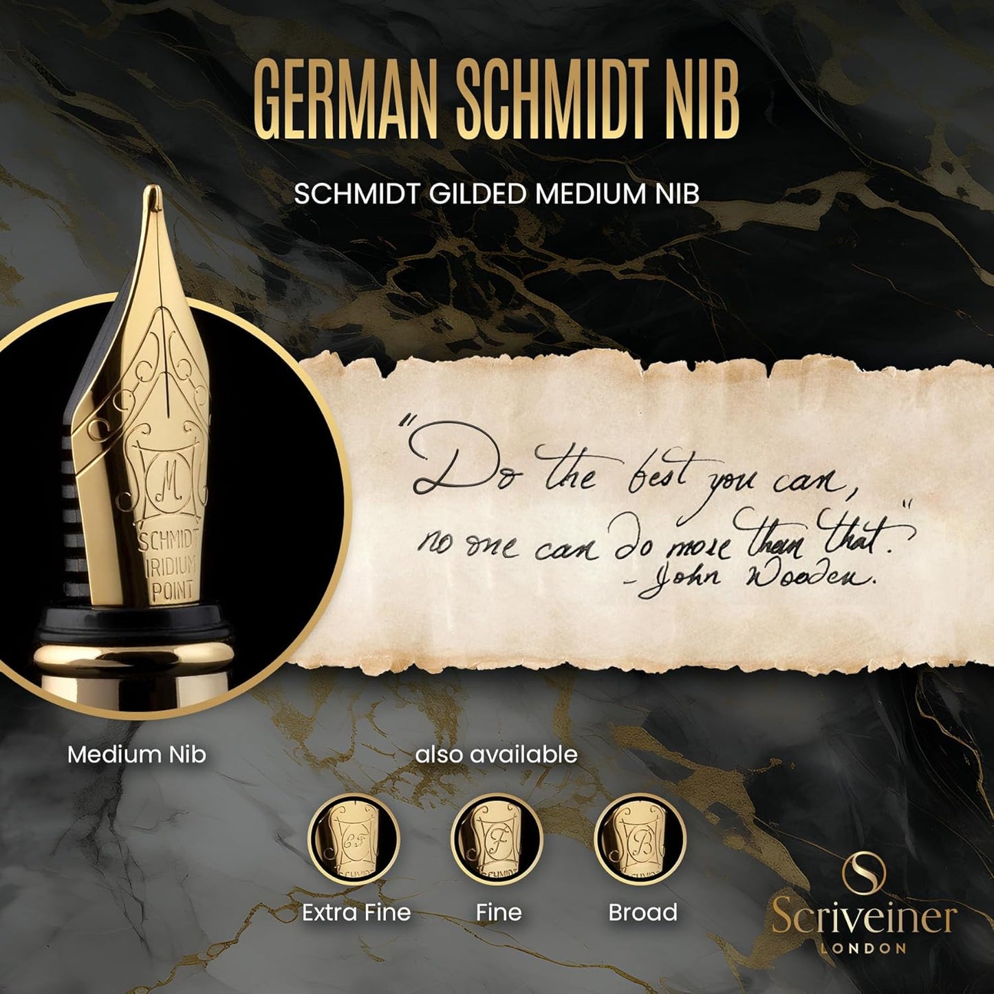 Scriveiner Personalized Black Fountain Pen - Stunning Luxury Pen, Jet Black Lacquer, Real Gold Plating, German Schmidt Nib (Medium), Best Engraved Gift Set for Men & Women, Name Engraving