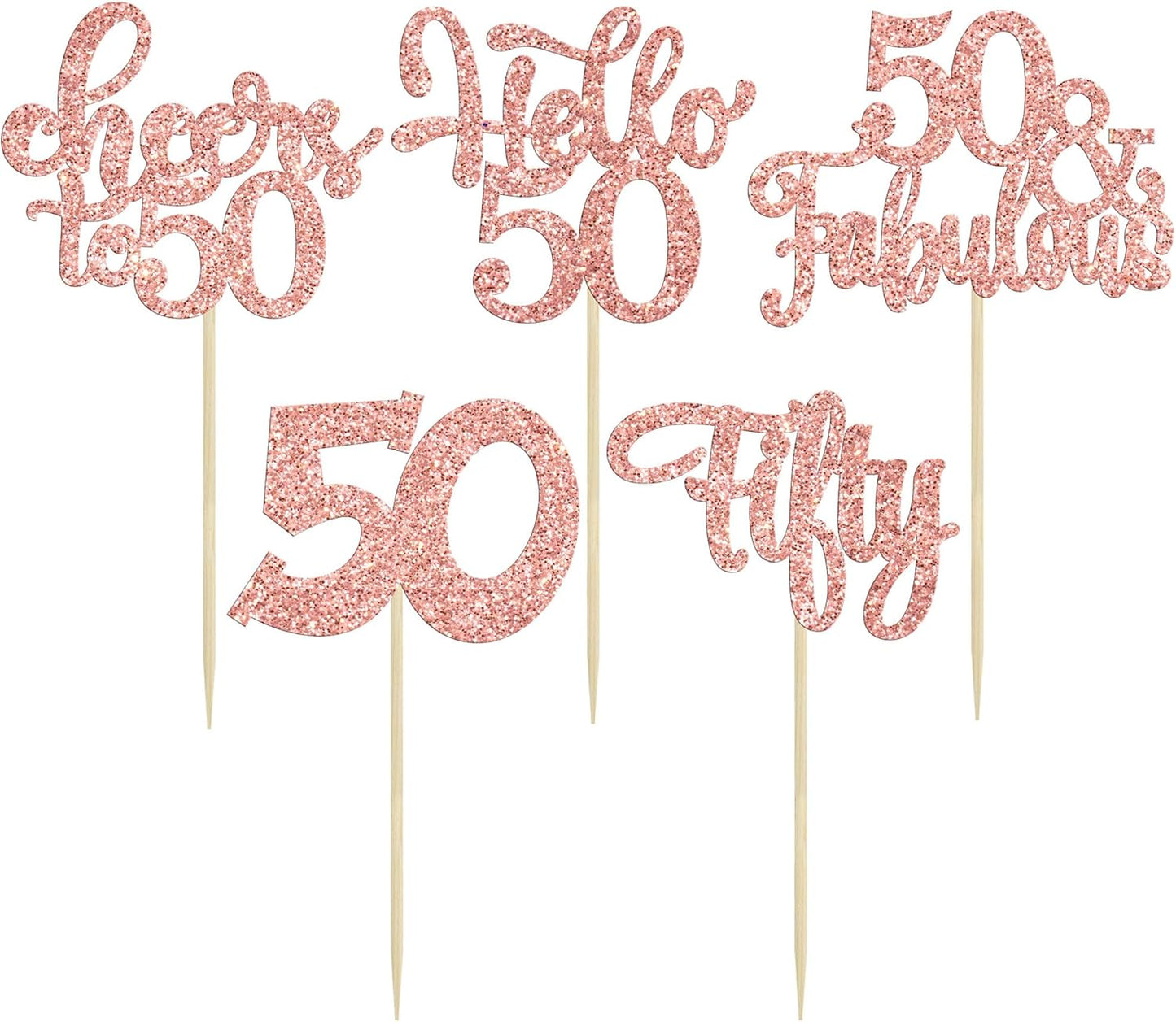 30Pcs Happy 50th Birthday Cupcake Toppers Rose Gold Glitter Fifty Cheers to 50 Years Old Birthday Cupcake Picks for 50th Birthday Anniversary Party Cake Decorations Supplies