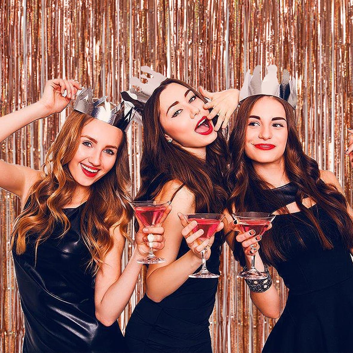 TONIFUL 3Pcs Laser Rose Gold Door Streamers,Laser Rose Gold Photo Booth Backdrop Metallic Streamers Foil Fringe Curtains for Birthday,Christmas,New Year,Bachelorette Party Decor(9.9ft x 6.6ft)