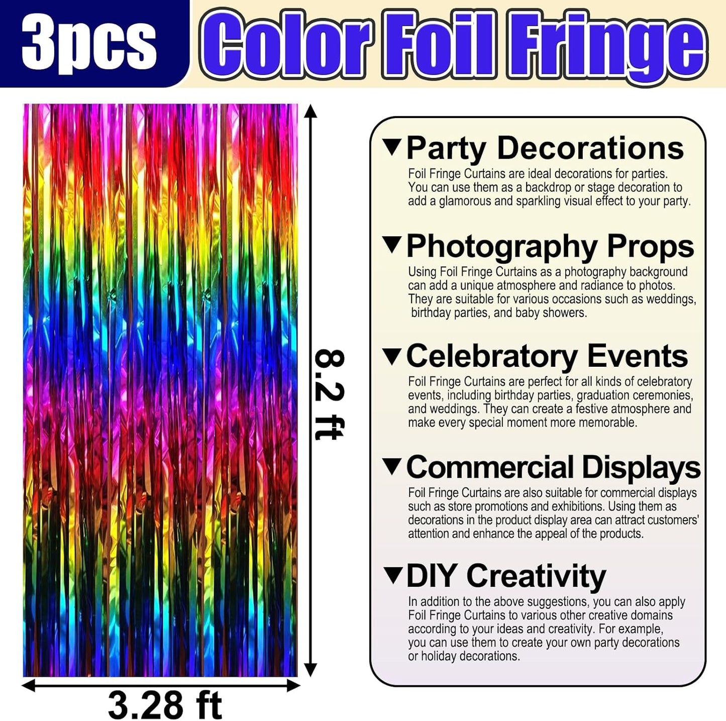3 Pack Rainbow Foil Fringe Curtain Backdrop, 3.28Ft x 8.2Ft Metallic Tinsel Foil Fringe Streamer Curtains for Photo Booth, Mother's Day, Easter, Birthday, Wedding Party Decorations