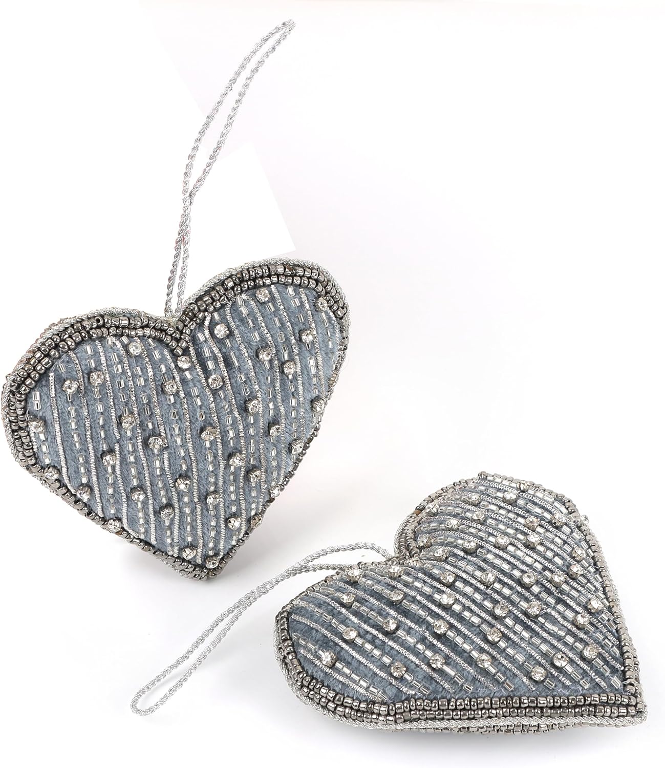 Set of 6 Beaded Heart Ornaments - Rustic Hanging Love Decorations, Farmhouse Wall Decor, Romantic Gifts for Her, Him, or Couples - Handmade Valentine’s Day & Mother’s Day Decor (Grey) - CLEENTABLE