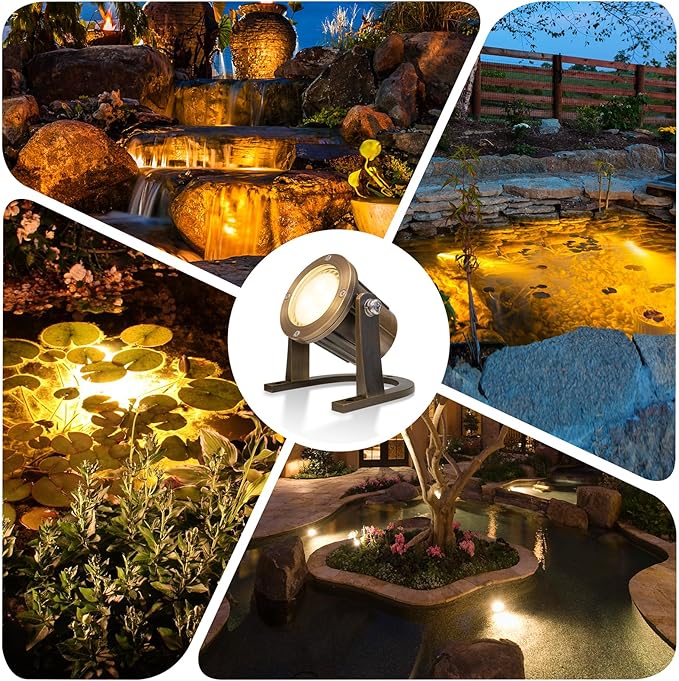 GKOLED 8Pack Solid Brass Underwater Light, Low Voltage LED Pond Lights, Submersible Fountain Lighting with 5W 2700K 410LM MR16 Bulb, 9-15V AC/DC Outdoor Landscape Light, IP68 Rated Pool Spotlights