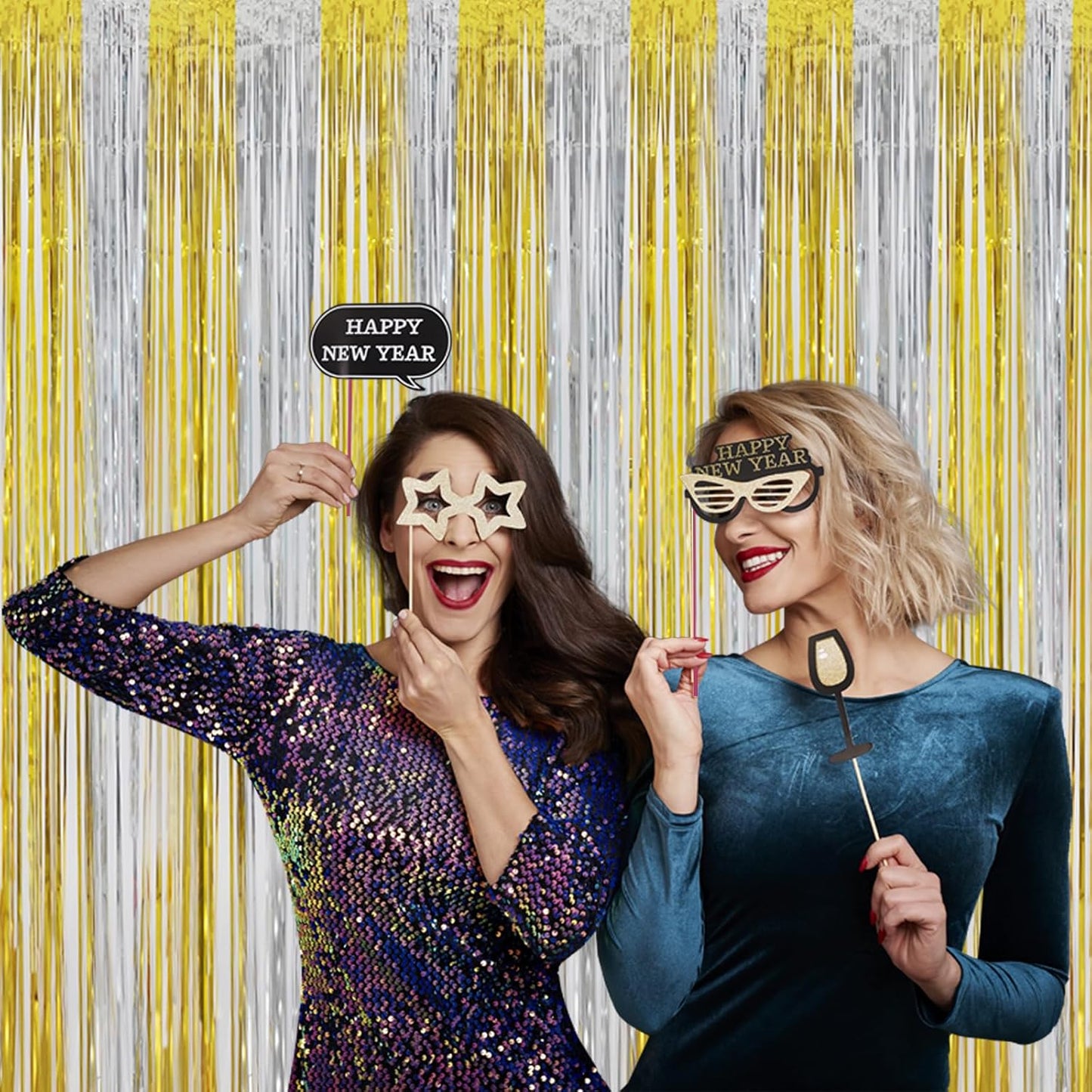 Gold Tinsel Backdrop Party Decorations, Melsan 3.2 x 8 ft Foil Fringe Curtains for Birthday, Anniversary, Graduation, New Year Eve, Pack of 2