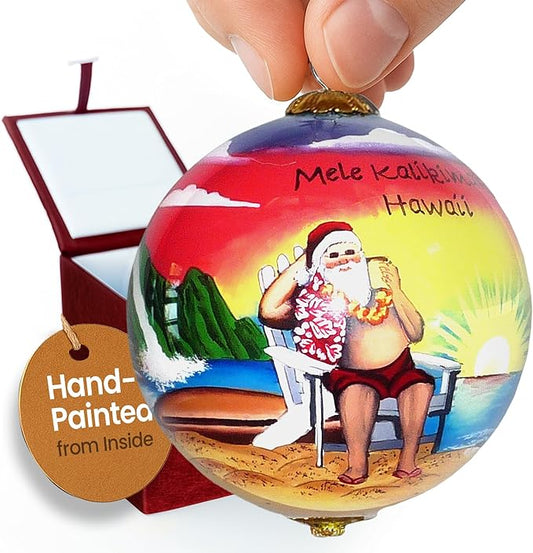 Collectible Hawaiian Santa Christmas Hand-Painted Glass with Gift Box Ornament MK/H