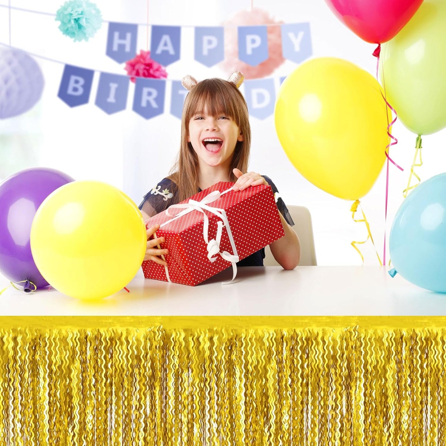 6 Pack 29 x108 Inch Gold Wave Foil Fringe Table Skirts Metallic Banner for Tinsel Streamer Garland Backdrop for Parade Floats, Mother's Day, Easter, Wedding, Birthday Party Decoration