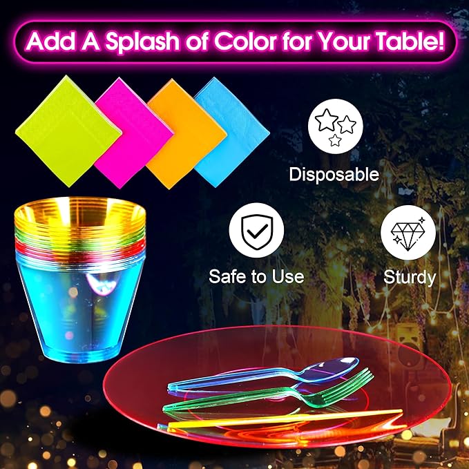 Kochorie 252 PCS Neon Party Supplies Serves 36 Including 7.5 & 10.25 In Disposable Plastic Neon Plates 9 Oz Cups Cutlery Napkins Tableware Set Dessert Cake Plates for Blacklight Party Birthday