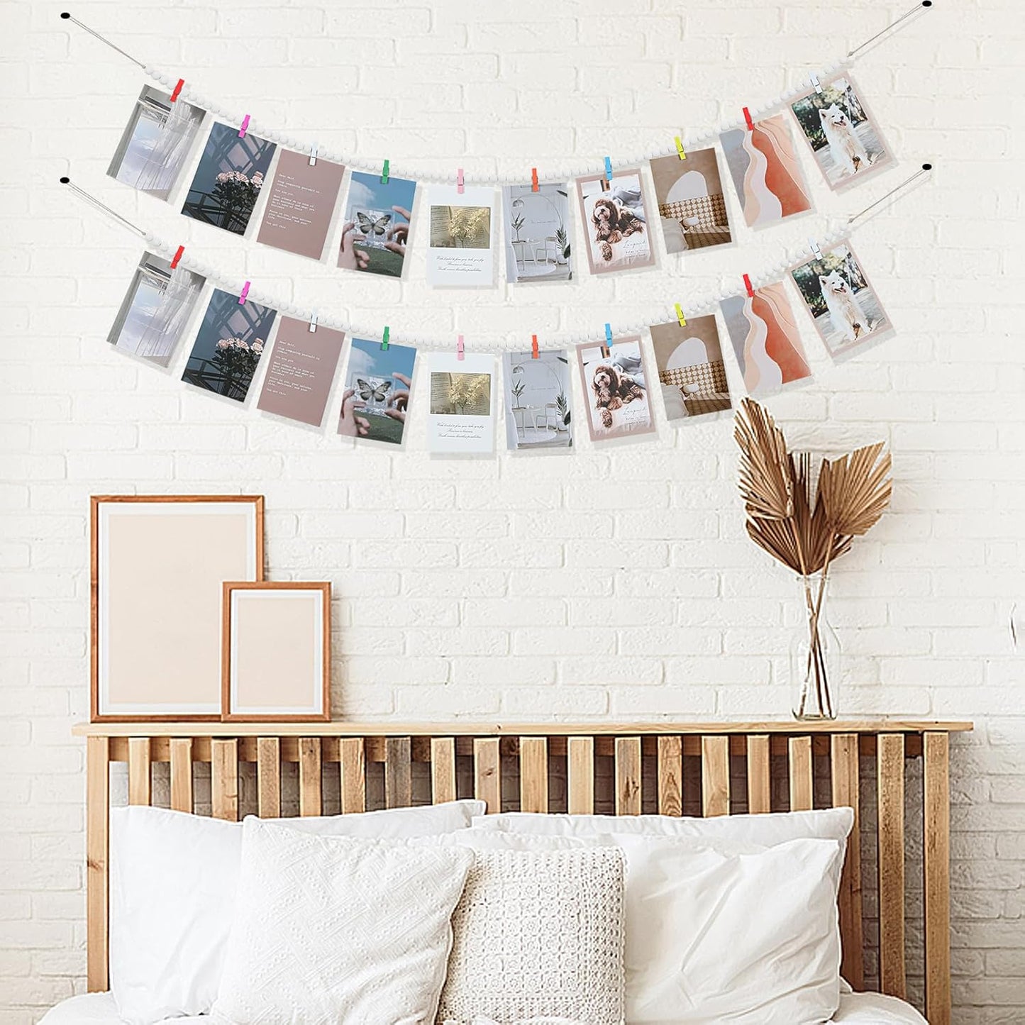 Hanging Photo Display with Clips, Boho Wooden Bead Garland Collage Picture Frame Wall Decor, Photo String with 10 Different Random Colors Wood Clips for Bedroom Room Decor, Christmas Teen Girls Gifts