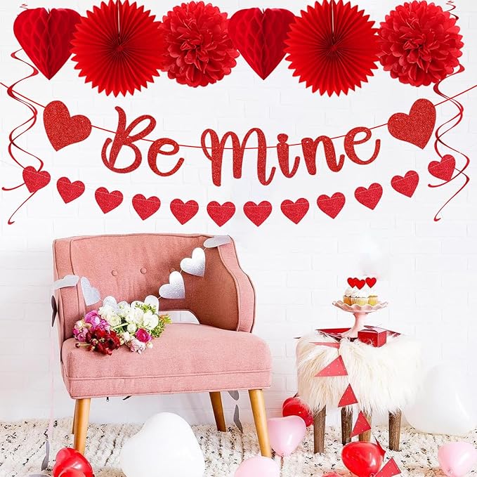 Valentines-Day Decorations Red-Heart Streamers Galentines-Decor - 22pcs Be Mine Love Banner,Paper Lanterns Honeycomb Balls,Tissue Pom Poms Flowers Fans, Happy Anniversary Backdrop Hugmoon