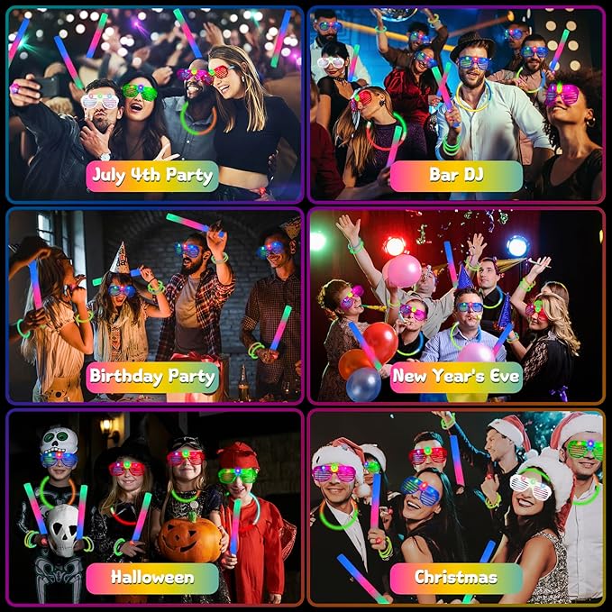 yuzshin 272PCS Glow in the Dark Party Supplies, Glow Sticks Bulk Party Pack, 24PCS Foam Glow Sticks, LED Glasses, LED Light Up Rings and 200PCS Glow Stick for Neon Party Decorations, Wedding
