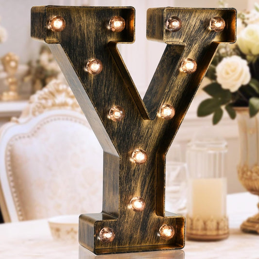 OYCBUZO Golden Black Led Marquee Letter - Industrial, Vintage Style Light Up Alphabet Letter Sign for Cafe Wedding Birthday Party Christmas Lamp Home Bar Initials Decor - Y