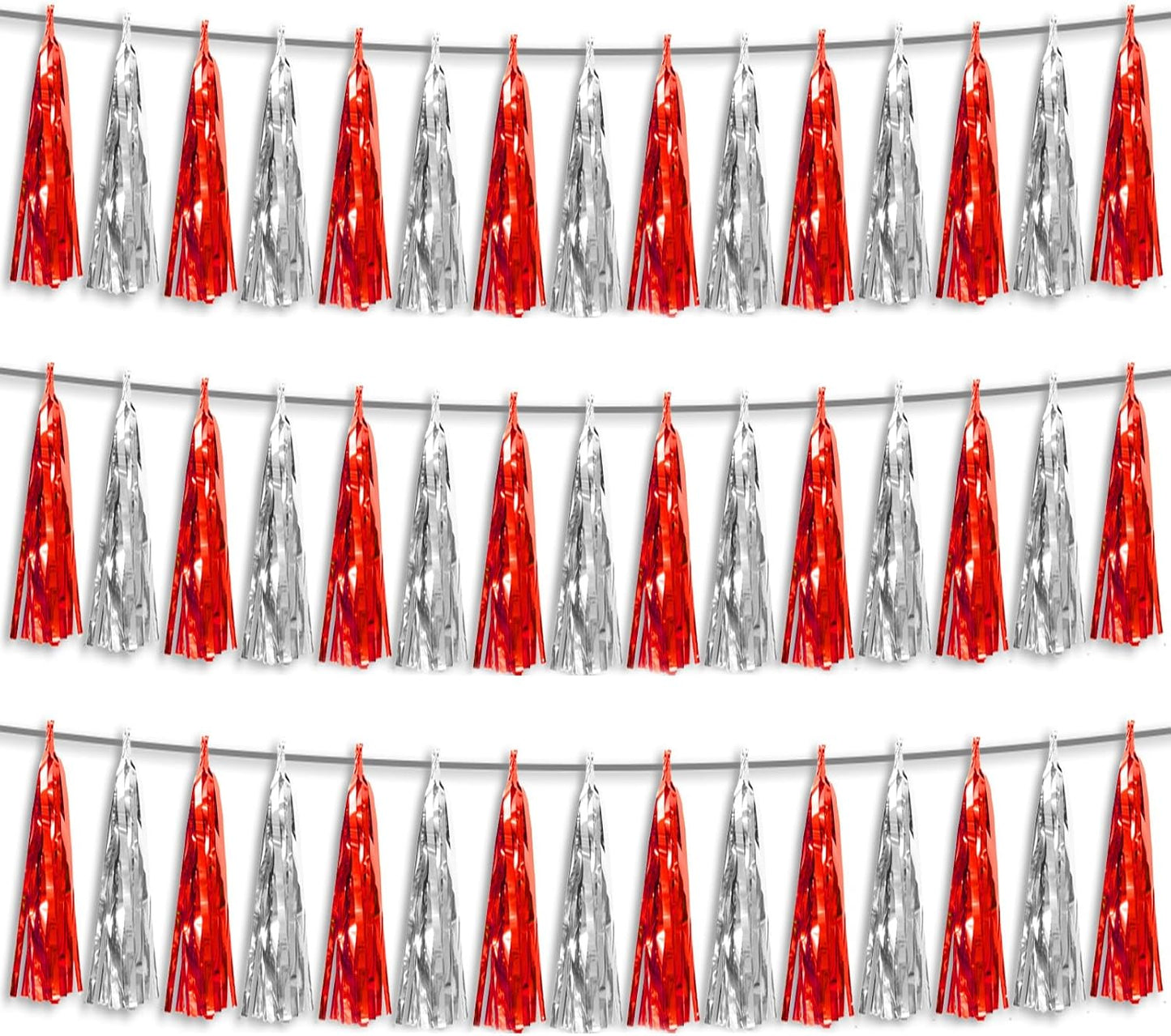 3P Red Silver Foil Fringe Metallic Tassel Streamers Banner Tassel Garland for Parade Floats, Bachelorette, Wedding, Birthday, Halloween, Christmas, Bridal/Baby Shower Party Decorations
